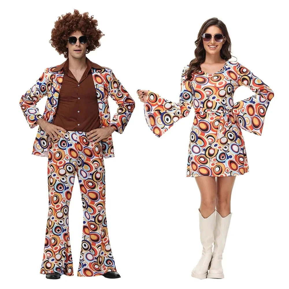 Halloween Party Disco Adult Couples Hippie Costumes Women Male 70s 80s Rock Disco Cosplay Outfits Dance Fantasia Costume Good Vibrations