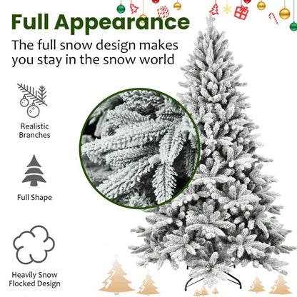 7ft Realistic Artificial Christmas Tree 1514 Tips PE+PVC Snowy Hinged Tree with Metal Stand Flocked Full-size Holiday Decoration Good Vibrations