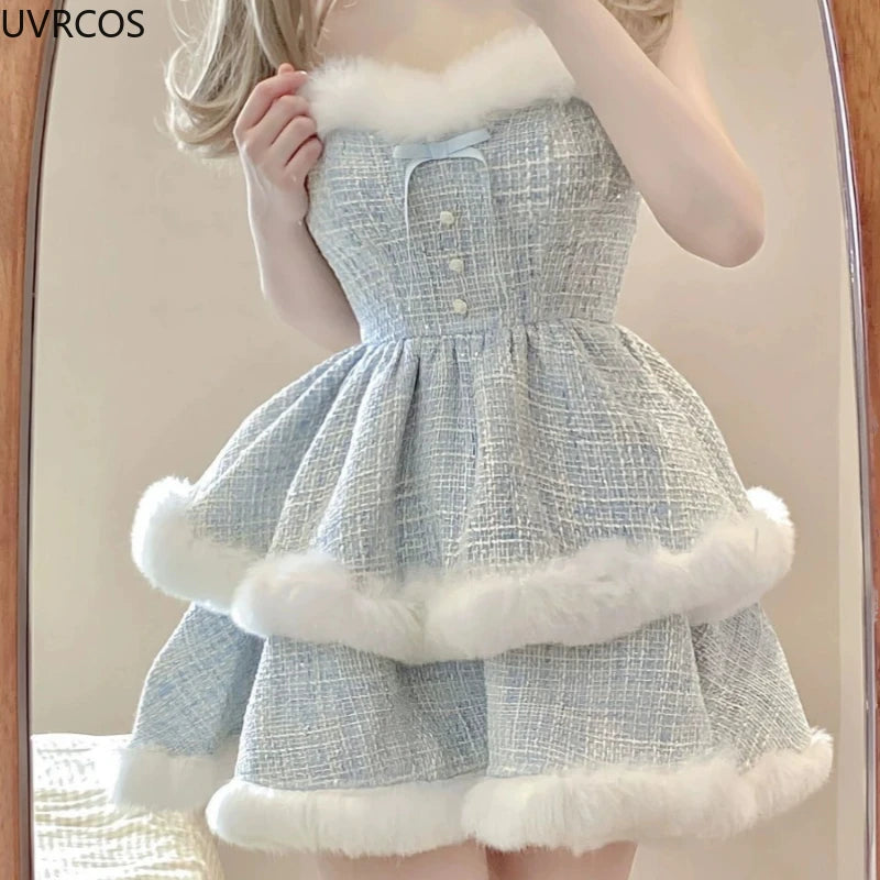 Korean Style Elegant Tweed Plaid Dress Sets Women Plush Patchwork Short Woolen Jackets Sexy Bow Mini Skirt Japanese Fashion Suit