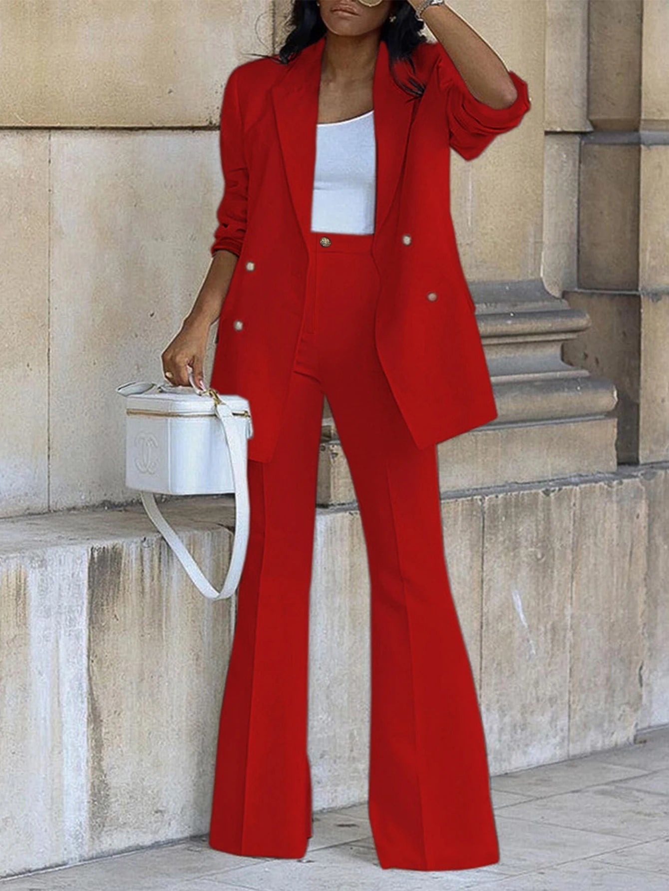 Women's Sets All Season Decent Business Plain Double Breasted Long Sleeve Lapel High Waist Full Length Formal Pants Sets Good Vibrations