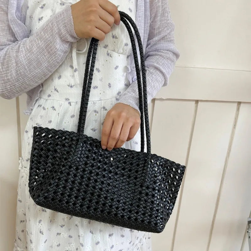 2026 New Fashion Hollow Out Woven Tote Bag for Women Large Capacity Commute Single Shoulder Handbag for Summer Good Vibrations