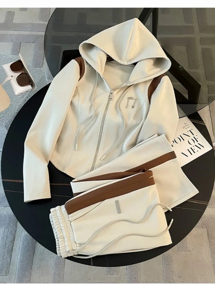 Woman's Hooded Casual Two-piece Set Fashion Zipper Long Sleeves Coat Lace-up Long Pant Suit Autumn Winter Ladies Office Outfit Good Vibrations