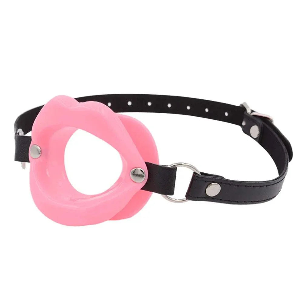 Pink silicone lips O-ring gag with adjustable black strap for adult games and BDSM restraints