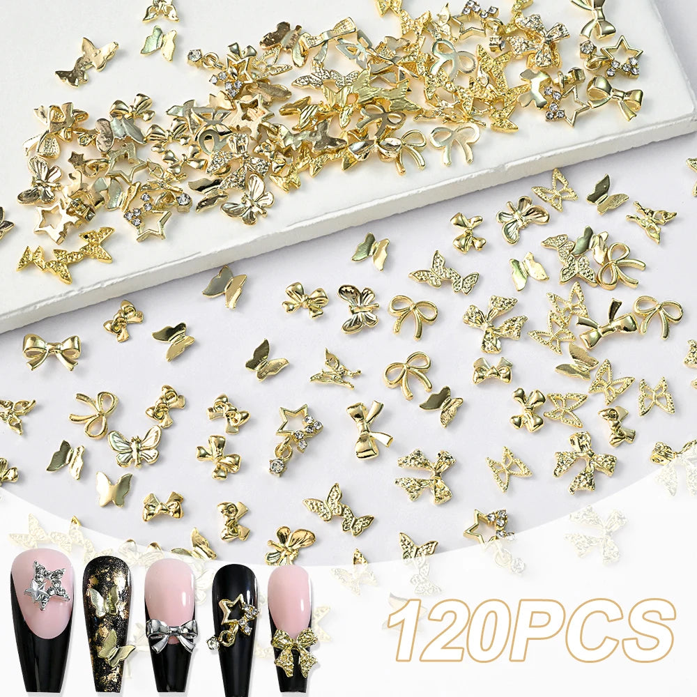 120pcs/box 3D Gold Bow Butterfly Nail Metal Charms Shiny Cute Bowtie/Diamond Star Nail Jewelry 120 Luxury Nail Art Supplies #RE4 Good Vibrations