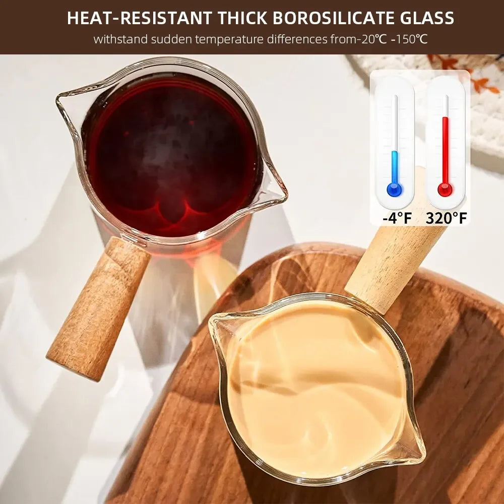 1pc Glass Measuring Cup Wood Handle Glass Espresso Measuring Cup Double Single Mouth Milk Coffee Clear Mug Coffee Supplies Good Vibrations