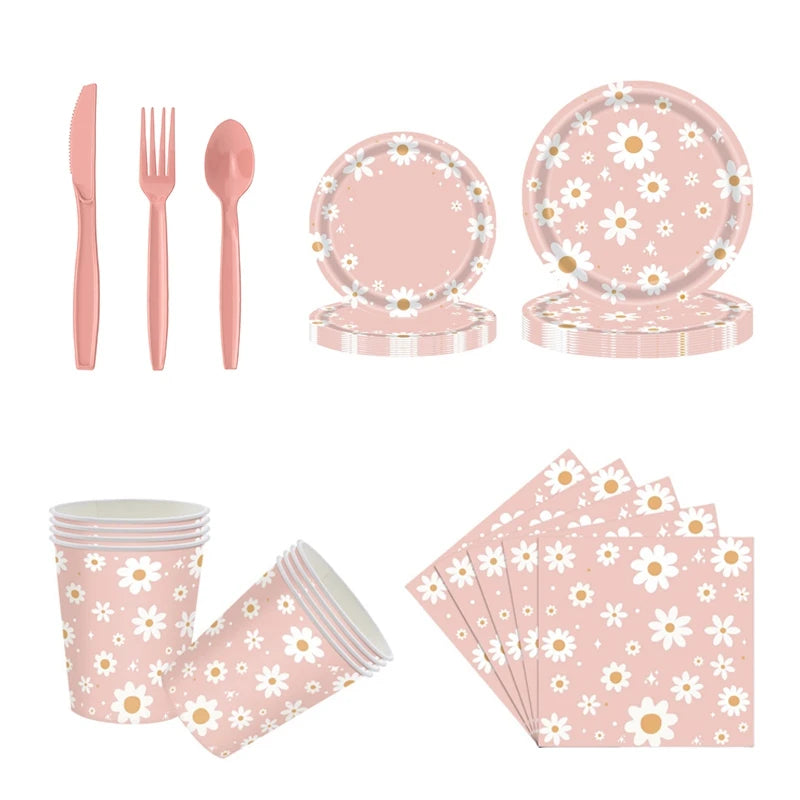 24pcs 7/9inch Pink Daisy Theme Disposable Tableware Flower Plate Napkin Straws Banner Birthday Party Baby Shower Wedding Decor Good Vibrations