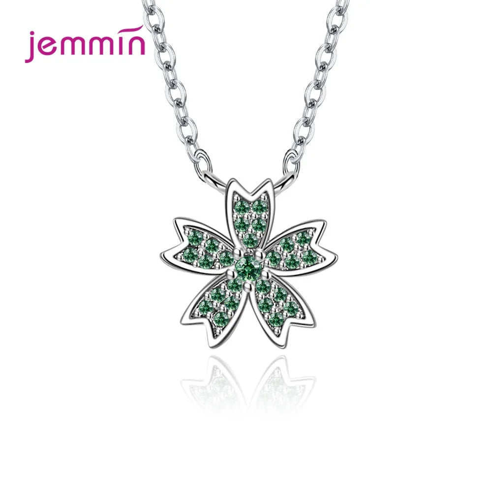 Charm 925 Sterling Silver Jewelry Sets Shiny Cherry Blossoms Cubic Zircon Necklace Earrings Bracelet for Women Girls Party Gift Good Vibrations