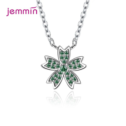 Charm 925 Sterling Silver Jewelry Sets Shiny Cherry Blossoms Cubic Zircon Necklace Earrings Bracelet for Women Girls Party Gift Good Vibrations