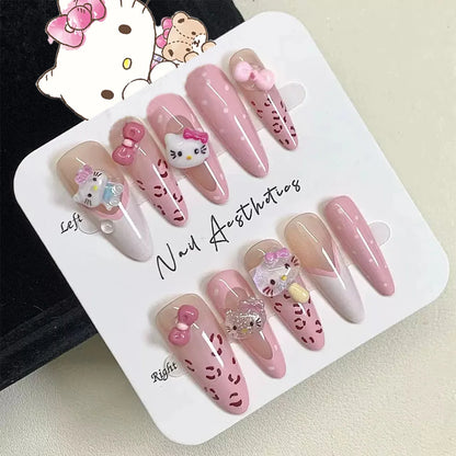Sanrio Kawaii Pink My Melody Fake Nails 24Pc 3D kuromi Anime Cute Nail Patches False Nail Tips Cartoon Y2K Fashion Press on Nail Good Vibrations
