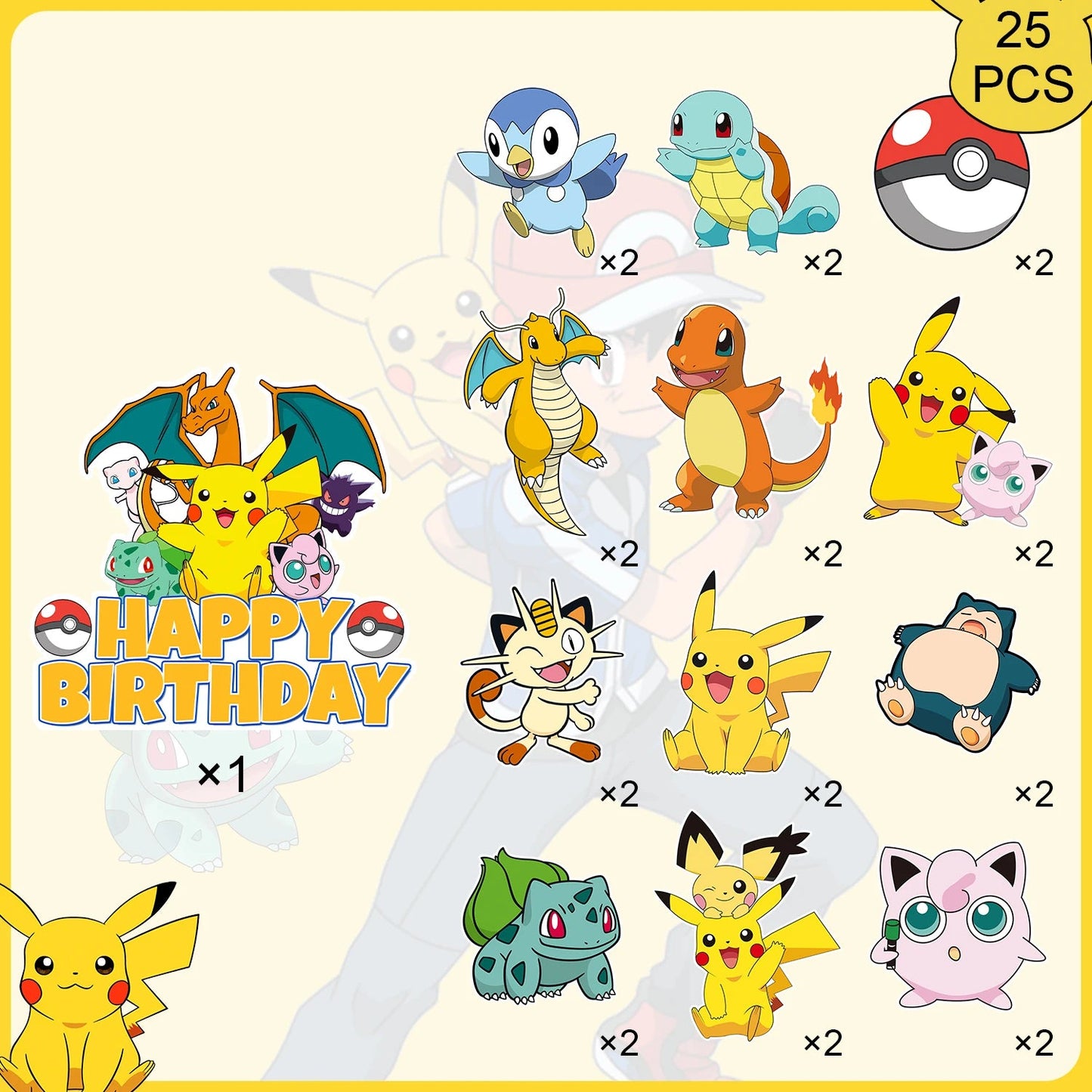 Pokemon Cake Toppers,24pcs Pokemon Cupcake Toppers&1pcs Large Pokemon Birthday Cake Topper for Pokemon Birthday Party Decoration Good Vibrations