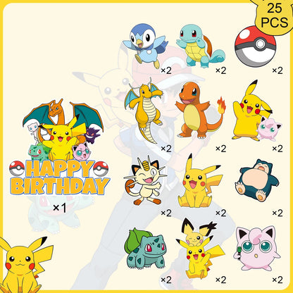 Pokemon Cake Toppers,24pcs Pokemon Cupcake Toppers&1pcs Large Pokemon Birthday Cake Topper for Pokemon Birthday Party Decoration Good Vibrations