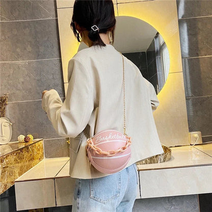 Personality INS Fashion Women Ball Bag Soft PU Leather Round Crossbody Thick Chain Hand Bags And Purses Female Basketball Bag Good Vibrations
