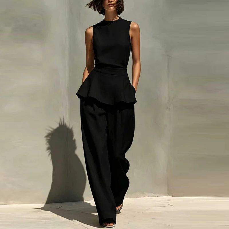 Office Lady Outfits Women Fashion Two Piece Set Summer Sleeveless O Neck Vest Sleeveless Shirt High Waist Pants Suit Work Wear Good Vibrations