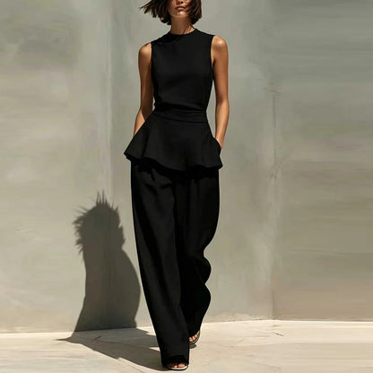 Office Lady Outfits Women Fashion Two Piece Set Summer Sleeveless O Neck Vest Sleeveless Shirt High Waist Pants Suit Work Wear Good Vibrations