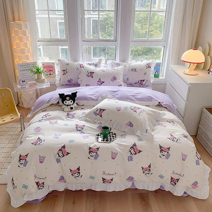 Sanrio Kids Bedding Set Kuromi Cinnamoroll Mymelody Duvet Cover Bed Sheet Pillowcase Bedsheet Double Single King Queen Twin Size Good Vibrations