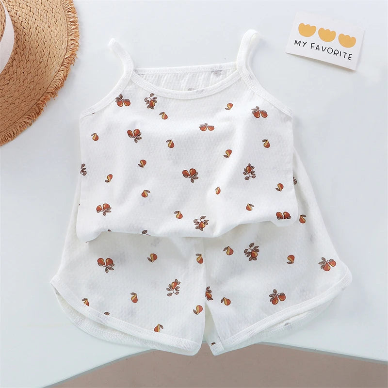2026 New Kids Tops+shorts Set Summer Thin Baby Cotton Vest Sleeveless Loungewear Set for Girls Suit Good Vibrations