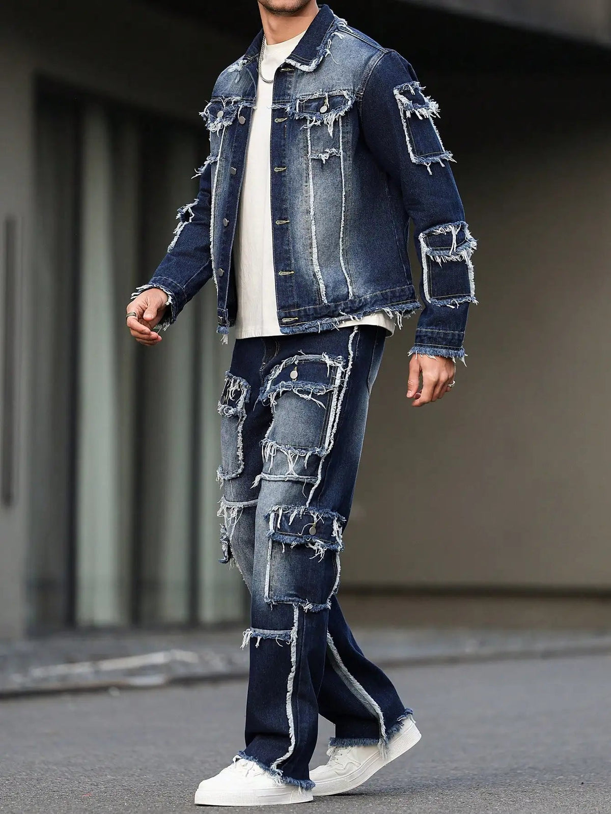 Men's spring and autumn denim suit, multi - pocket design, wide straight - leg pants style Good Vibrations