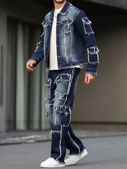 Men's spring and autumn denim suit, multi - pocket design, wide straight - leg pants style Good Vibrations