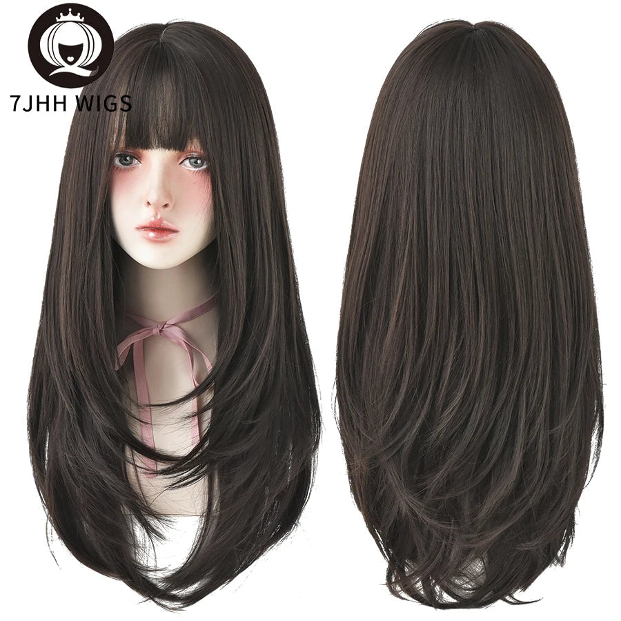 7JHHWIGS Long Wavy Synthetic Black Wigs For Women With Fringe Fashion Heat Resistant Mid-Length Daily Straight Light Brown Hair Good Vibrations