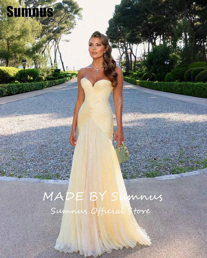 Sumnus Charming Mermaid Yellow Prom Dress Sweetheart Pleats Sleeveless Party Dresses Floor-Length Evening Dress Customized Good Vibrations