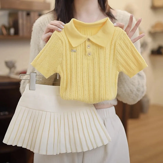 Children's clothing set summer new style girl princess style knitted short sleeved top+pleated skirt two-piece set Good Vibrations