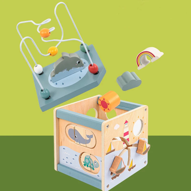 Wooden Activity Cube for Toddlers 5in1 Animal Shape Sorter Bead Maze Montessori Educational Toys Baby 6-12 Months Learning Toys Good Vibrations