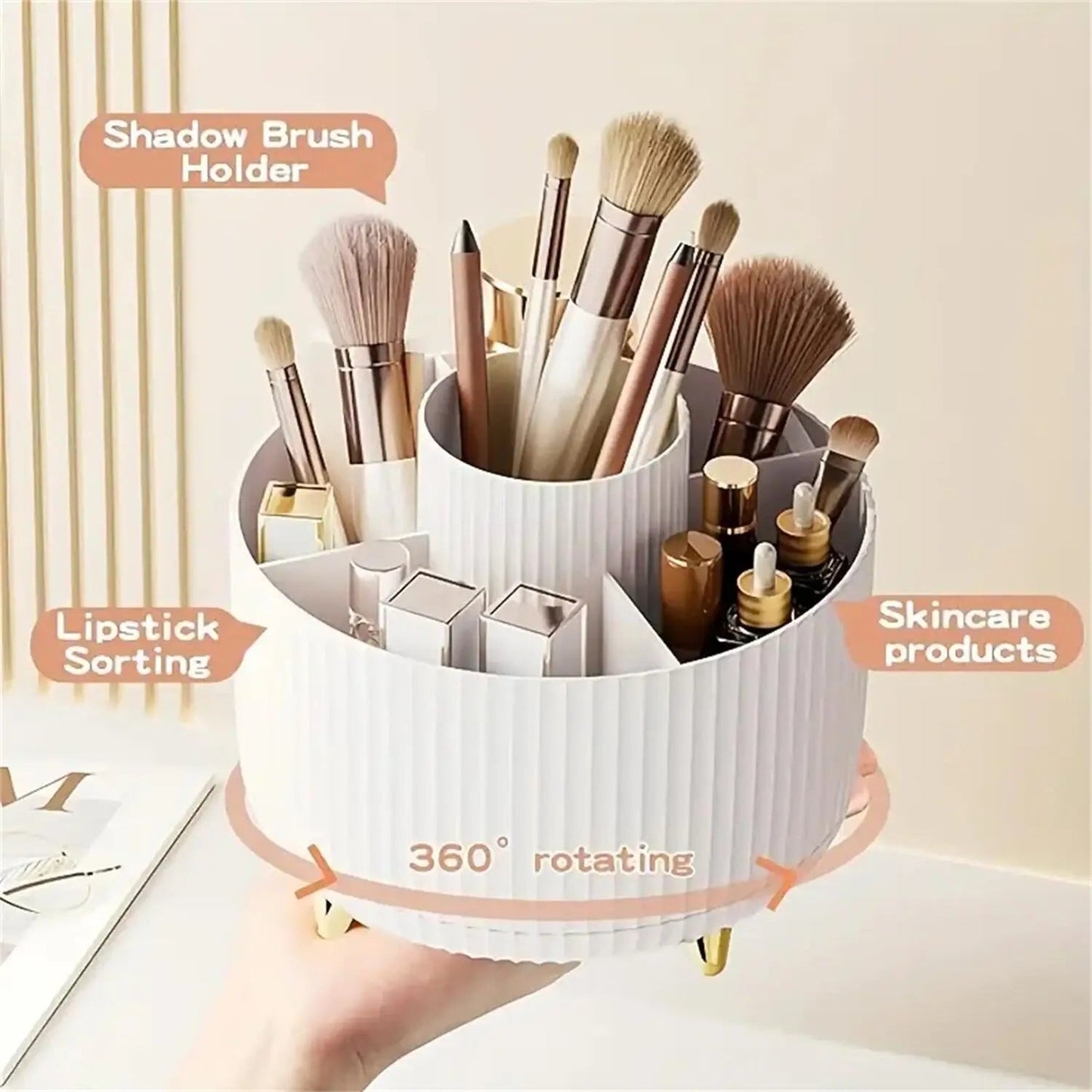 360° Rotating Makeup Organizer - 1pc Plastic Cosmetic Storage with 5 Compartments - Multi-Functional Holder for Brushes Good Vibrations