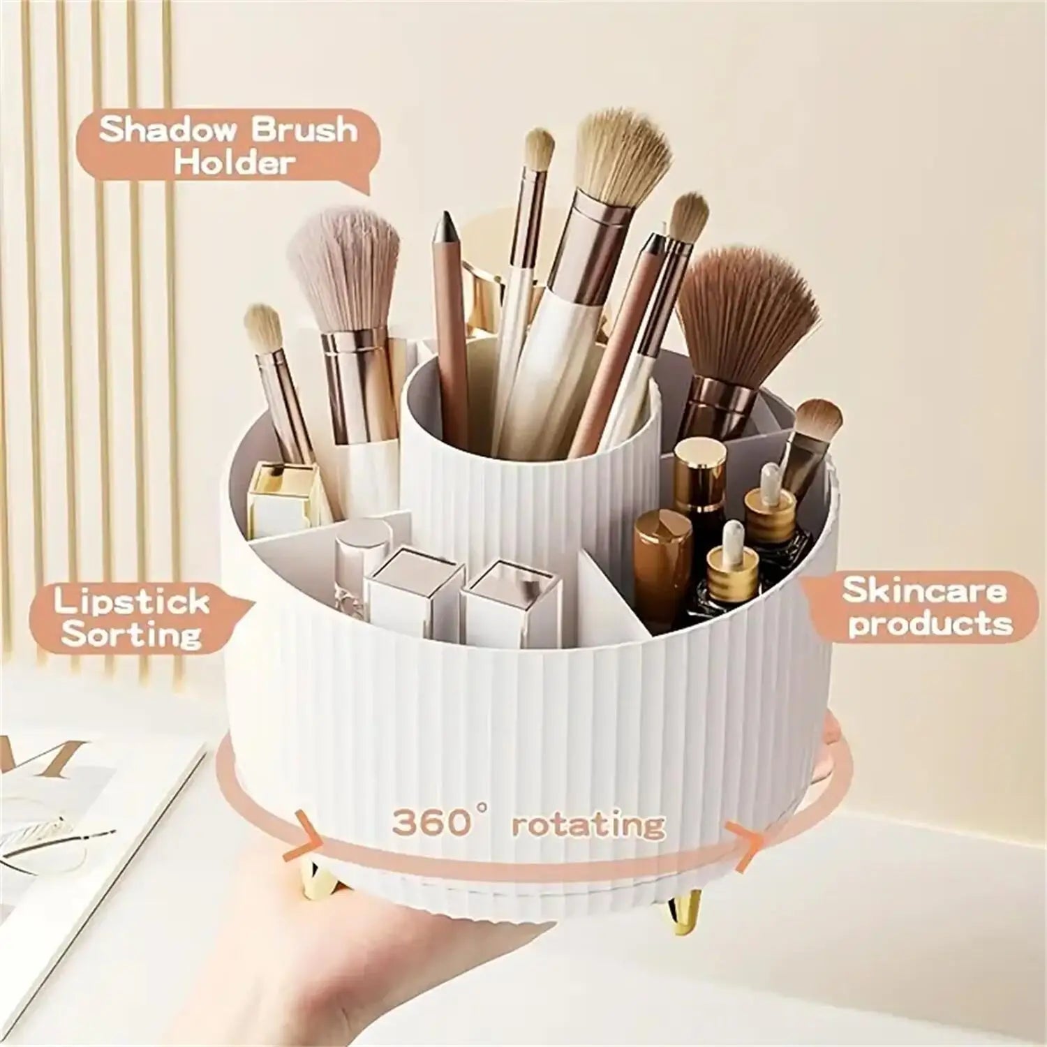 360° Rotating Makeup Organizer - 1pc Plastic Cosmetic Storage with 5 Compartments - Multi-Functional Holder for Brushes Good Vibrations