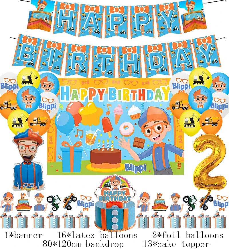 New Blippiing Birthday Party Decoration Foil Balloon Backdrop Banner Cake Topper Baby Birthday Party Supplies Good Vibrations