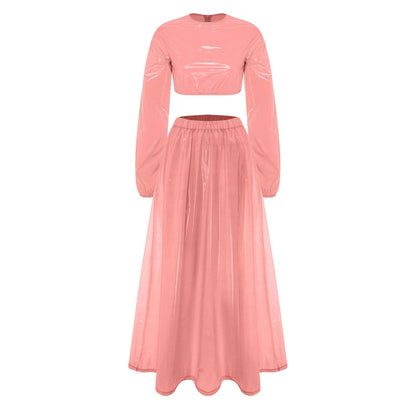 Women's Dress Set Waterproof Two Pieces Outfits Clubwear Long Sleeve Crew Neck Crop Top A-Line Swing Hem Midi Skirt Party Wear Good Vibrations
