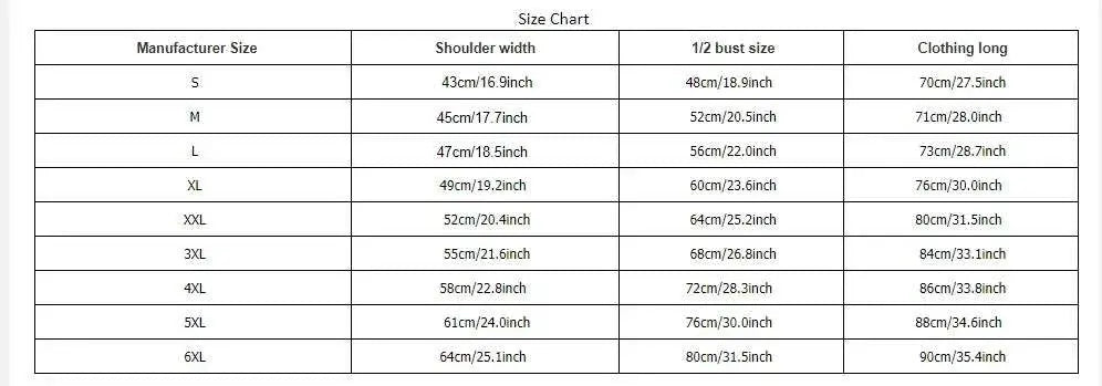 Size chart for men's T-shirt, showing measurements for shoulder width, bust size, and clothing length from size S to 6XL.