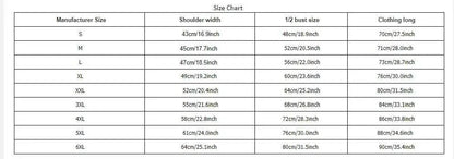 Size chart for men's T-shirt, showing measurements for shoulder width, bust size, and clothing length from size S to 6XL.