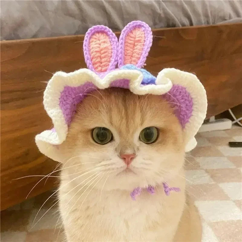 Cute Cat Hat Funny Pets Party Cosplay Headwear Delicate Hemming Pendant Decor Elasticity Knitted Hat Pet Accessories Good Vibrations