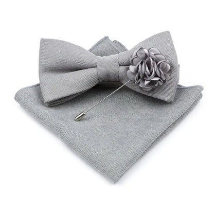Mens Solid Color Cotton Bowtie Pocket Square Brooch Sets Pink Blue Super Soft Suede Bow Tie Handkerchief For Wedding Party Gift Good Vibrations