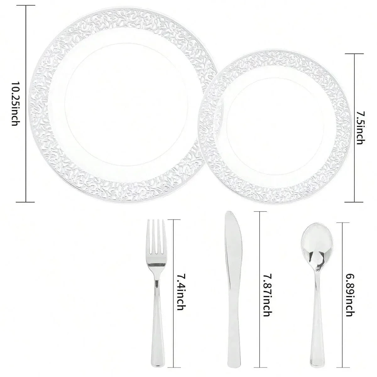 Reusable Silver Plastic Cutlery Set, Including Plates, Knives, Forks, and Spoons, Manually Washable Good Vibrations