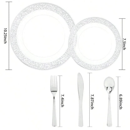 Reusable Silver Plastic Cutlery Set, Including Plates, Knives, Forks, and Spoons, Manually Washable Good Vibrations