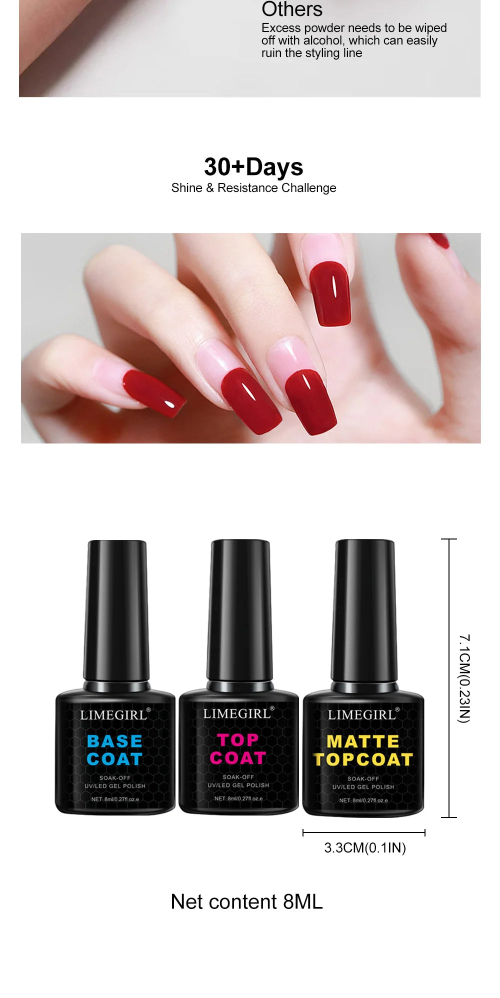 LIMEGIRL 8ml Soak Off Matte Top Base Coat for Nails UV Gel Polish Semi Permanent Functional Manicure Top Base Coat Varnish Good Vibrations