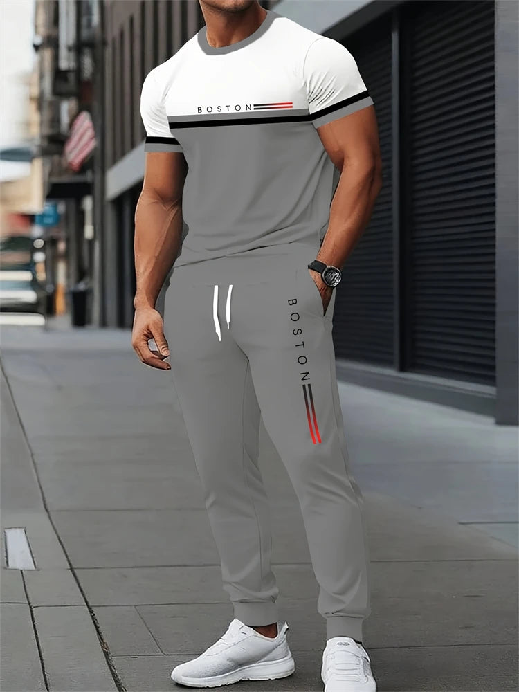 Men's Spring/Fall Two-Piece Set Crew Neck Short Sleeve Top With Relaxed Fit Casual Pants Outdoor Streetwear Minimalist Style Set Good Vibrations