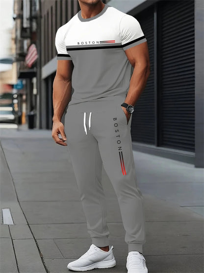 Men's Spring/Fall Two-Piece Set Crew Neck Short Sleeve Top With Relaxed Fit Casual Pants Outdoor Streetwear Minimalist Style Set Good Vibrations