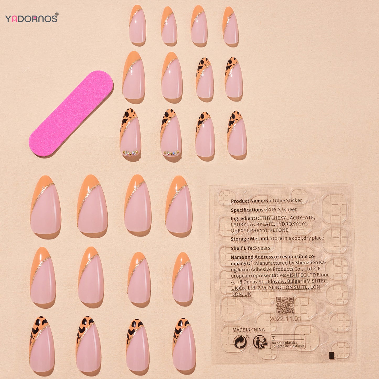 24Pcs Almond Fake Nails Orange Leopard Printed Press on Nails Full Cover Acrylic False Nails Patch for Women DIY Manicure Art Good Vibrations