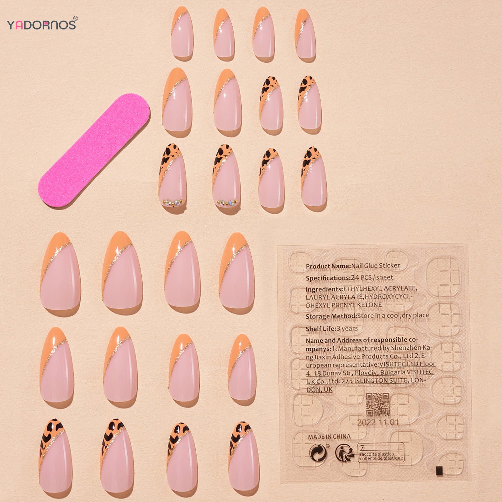 24Pcs Almond Fake Nails Orange Leopard Printed Press on Nails Full Cover Acrylic False Nails Patch for Women DIY Manicure Art Good Vibrations