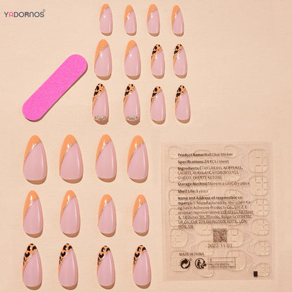 24Pcs Almond Fake Nails Orange Leopard Printed Press on Nails Full Cover Acrylic False Nails Patch for Women DIY Manicure Art Good Vibrations