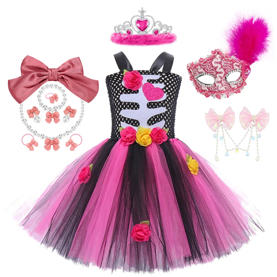Halloween Kids Dress Cosplay Heart Print Skeleton Costumes Girls Floral Skull Tutu Clothes Children Carnival Performance Outfits Good Vibrations