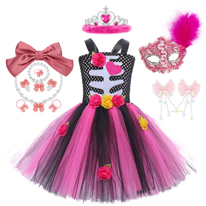 Halloween Kids Dress Cosplay Heart Print Skeleton Costumes Girls Floral Skull Tutu Clothes Children Carnival Performance Outfits Good Vibrations