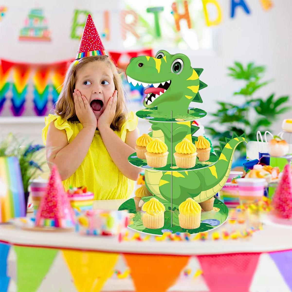 Dinosaur Cupcake Stand Birthday Party Decoration Kids Boy Girl Dino Wedding Birthday Party Supplies Favors Baby Shower Decor Good Vibrations