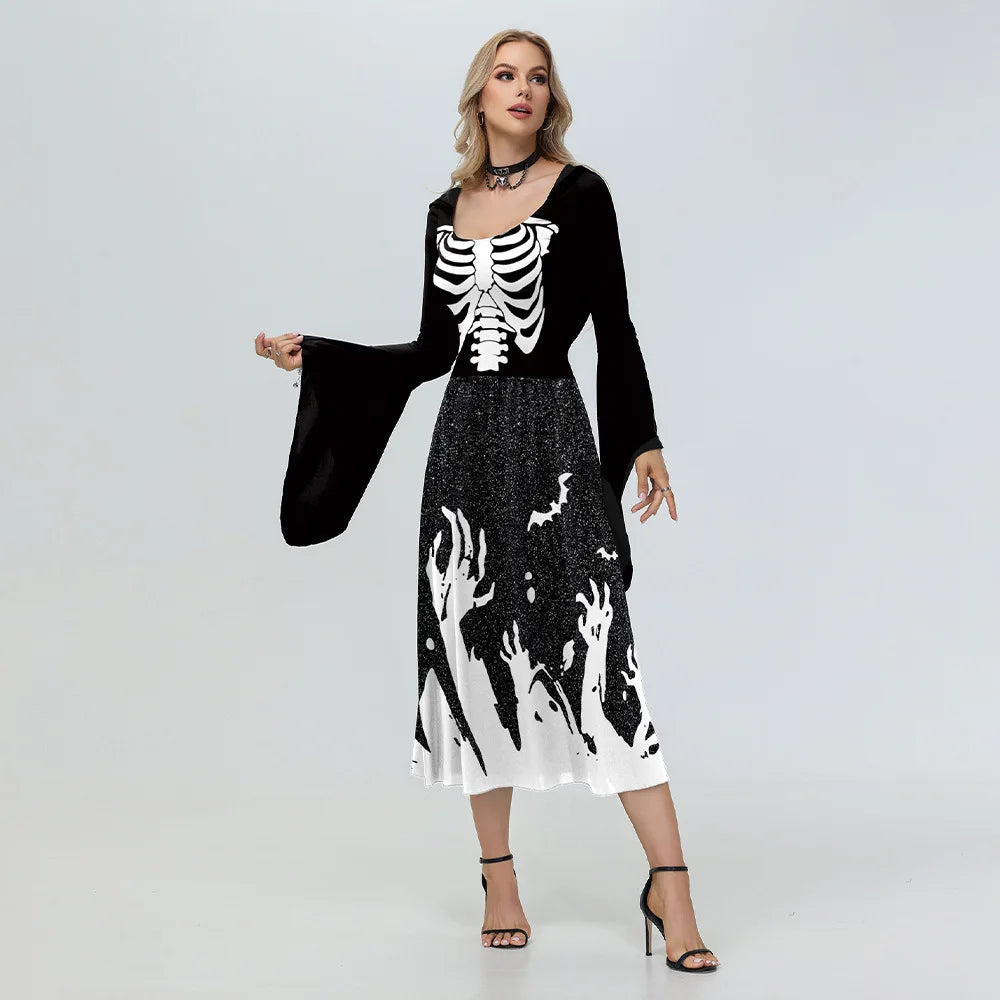 Halloween Skeleton Cosplay Costumes for Women Medieval Robe Vintage Party Hooded Dress Witch Scary Clothes Day of The Dead Good Vibrations