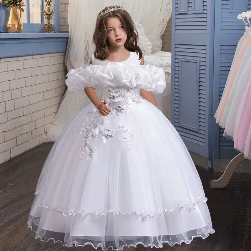 New Elegant Girl Party Dress Long Wedding Bridesmaid Dress 4-13 Year Old Mesh Embroidered Graduation Ball Evening Dress Good Vibrations