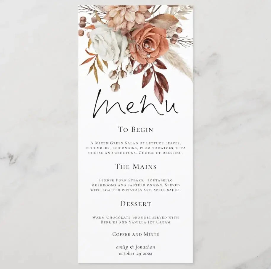 Customizable Wedding Menu, Personalized Wedding Menu, Green leaves and Flowers Menu Cards for Wedding, Custom Wedding Table Menu Good Vibrations