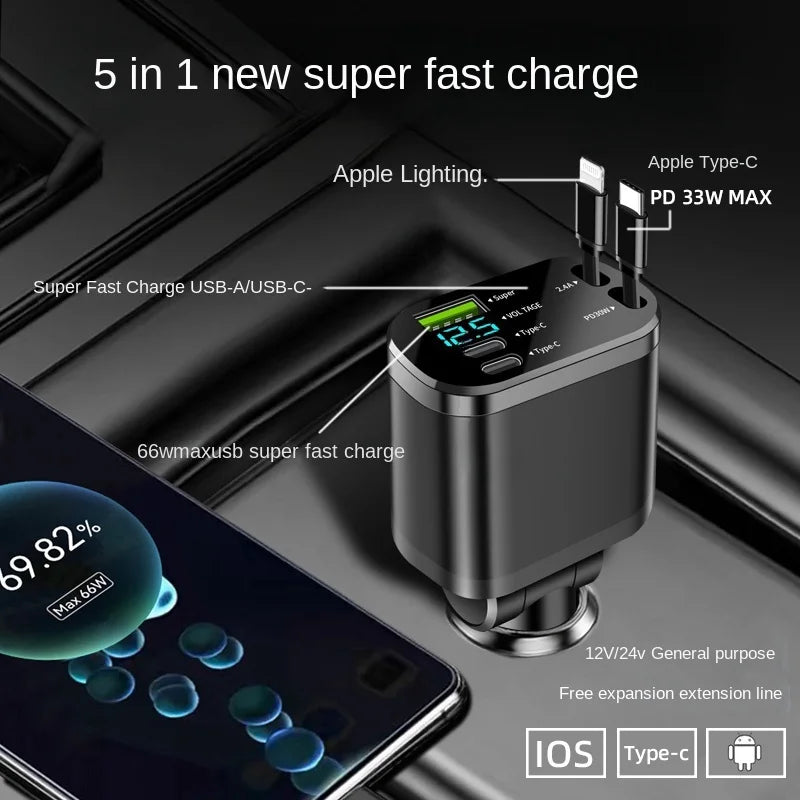 Car charger, car charger with retractable cable, car PD, car fast charging, super fast charging, flash charging, five in one cig Good Vibrations