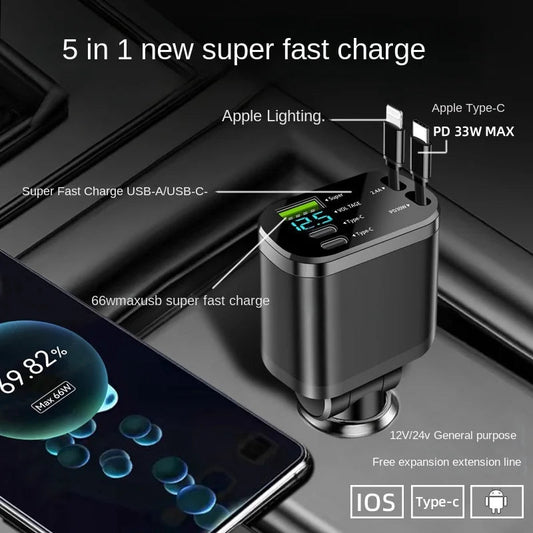 Car charger, car charger with retractable cable, car PD, car fast charging, super fast charging, flash charging, five in one cig Good Vibrations